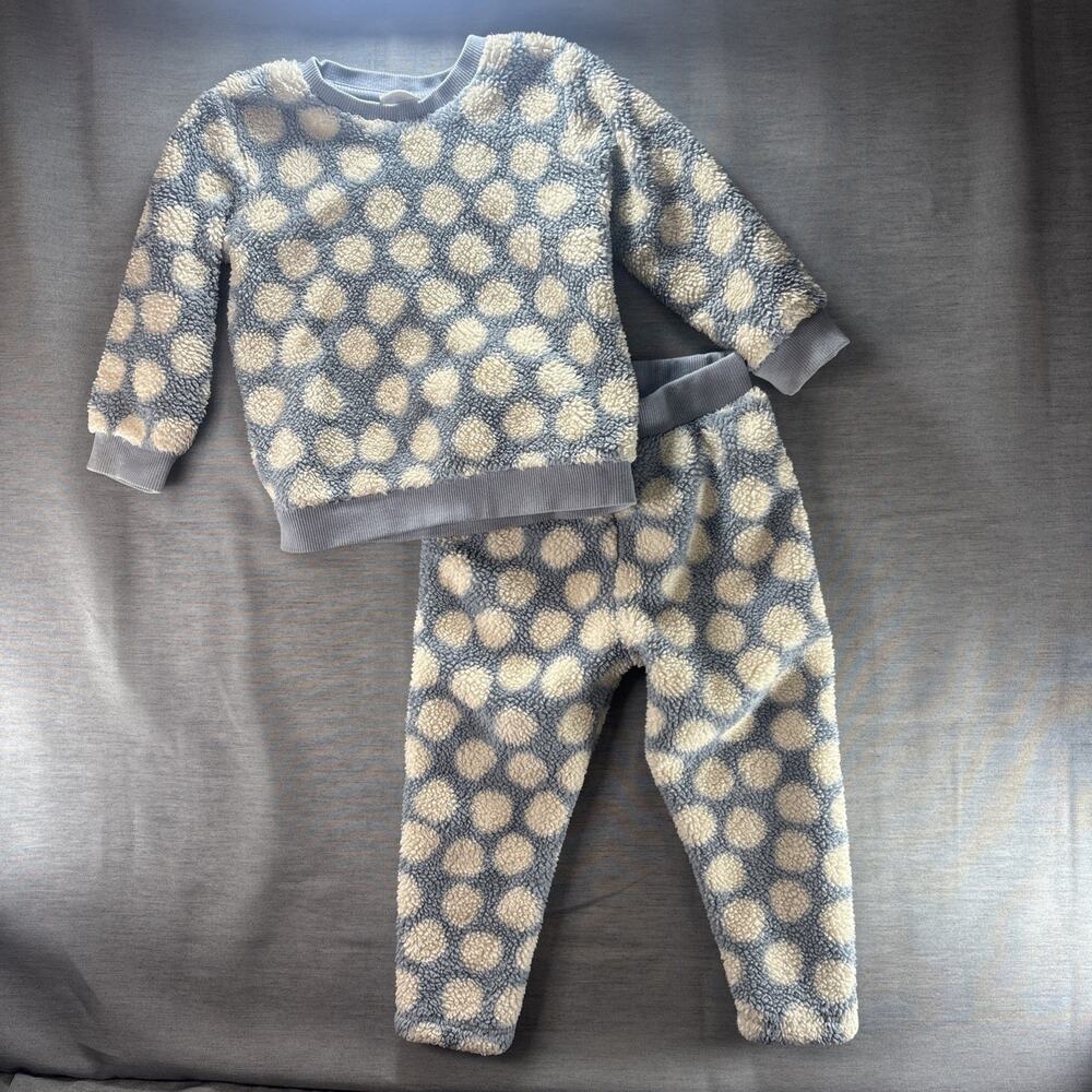 Hanna Andersson 3T Blue White/Cream Polka Dot Fleece‎ 2pc Outfit Set Pants Fuzzy